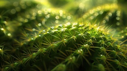 Close-up Macro Photography of a Green Cactus with Spikes and Dew Drops in Sunlight, Nature, Plant, Texture, Green, Macro, Photography, Desert, Botanical, Spiky, Cactus, Dew, Sunlight, Macro