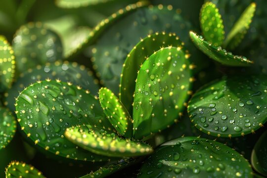 Closeup of Green Cactus Pads with Water Droplets, Nature, Plant, Texture, Green, Background, Botanical, Water, Drops, Desert, Prickly Pear, Succulent, Flora, Leaves, Macro, Photography, Natural