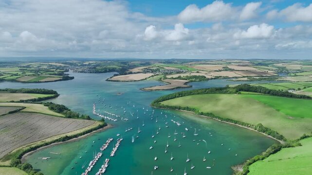 Salcombe and Mill Bay over Kingsbridge Estuary from a drone, Devon, England, Europe