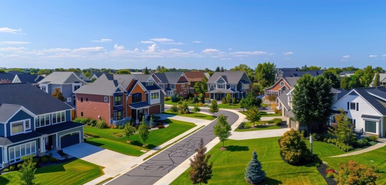 Aerial view of a suburban neighborhood in summer, showcasing luxury homes with extensive landscaping and vibrant lawns under the clear blue sky