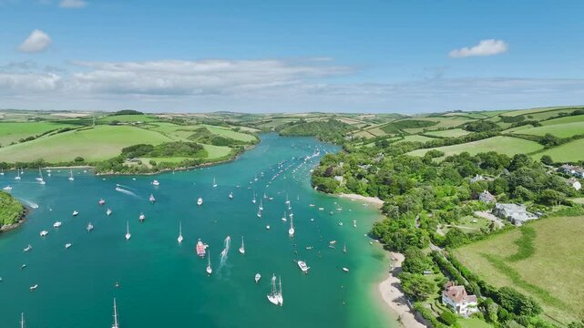 Salcombe and Mill Bay over Kingsbridge Estuary from a drone, Devon, England, Europe