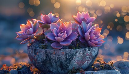 Stunning Purple Succulents in a Rustic Pot with Golden Sunset Bokeh, Perfect for Garden, Home Decor, and Nature Photography