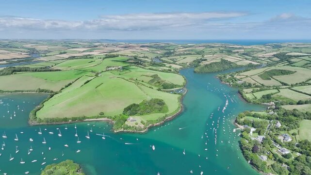 Salcombe and Mill Bay over Kingsbridge Estuary from a drone, Devon, England, Europe