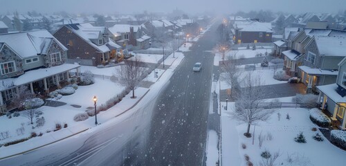 Aerial view of luxury suburban homes during a wintry mix of light snow and rain, the streets glistening under the unique precipitation