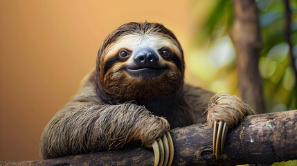 Naklejka premium Charming sloth enjoying tranquility on a tree branch, perfect for eco-friendly marketing, nature education, and wildlife conservation campaigns. Ideal for youth engagement.