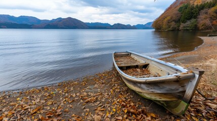 Obraz premium A boat is sitting on the shore of a lake