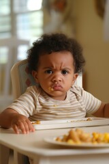 A black toddler sitting on a chair with a dissatisfied face because of the food. Child wearing a striped shirt with a plate of food that she dislikes.