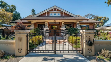 Charming Craftsman home with a wrought iron gate in the front, providing a classic and secure entryway under a clear sky