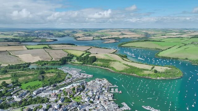 Salcombe and Mill Bay over Kingsbridge Estuary from a drone, Devon, England, Europe