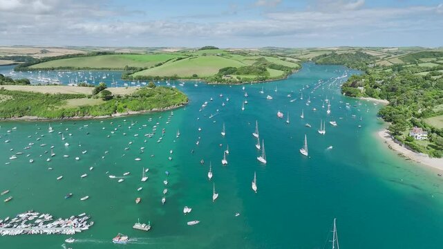 Salcombe and Mill Bay over Kingsbridge Estuary from a drone, Devon, England, Europe