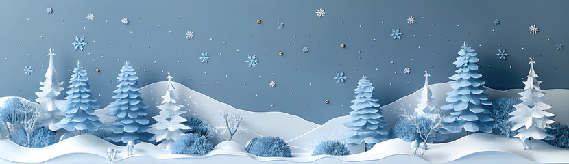 A blue and white background with snow and trees