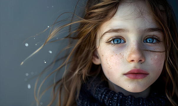Captivating portrait of a young girl with striking blue eyes and natural freckles, embodying innocence and wonder. Ideal for marketing, education, and healthcare with emotional depth.