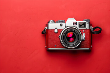Vintage camera against a vibrant red backdrop, perfect for photography enthusiasts and marketing. Ideal for eye-catching designs, evokes nostalgia, and captures attention. Copy space included.