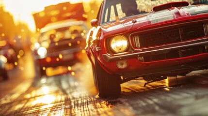 A vintage red muscle car racing on a busy city street at sunset, capturing the thrill and energy of classic automotive performance.