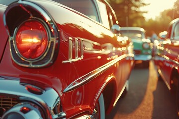 Naklejka premium Close-up of a classic red car at a vintage car show during sunset, highlighting shiny chrome details and nostalgic vibes.