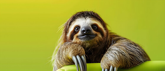 Naklejka premium Adorable sloth resting, lime green gradient background, ample copy space, perfect for eco-friendly promotions, nature-themed marketing, relaxation concepts, ideal for diverse industries.