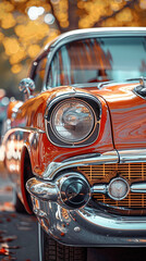 Fototapeta premium Close-up of a classic orange vintage car with chrome details, parked on a street lined with yellow autumn leaves.