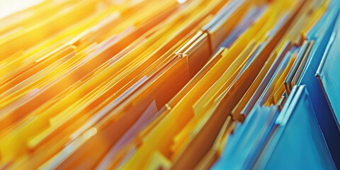 Closeup of document folders, background with copy space. Document management, accounting, office backdrop.