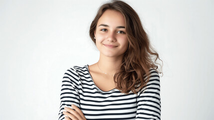 Fototapeta premium Casual portrait of a young woman with a carefree smile, wearing a striped shirt, arms crossed, and standing against a light background
