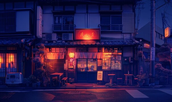 A Beautiful Japanese Tokyo City Ramen Shop Restaurant Bar In The Dark Night Evening. House At The Street. Anime Cartoonish Art Style. Cozy Lofi Asian Architecture. 16:9 4k Resolution. Generative AI