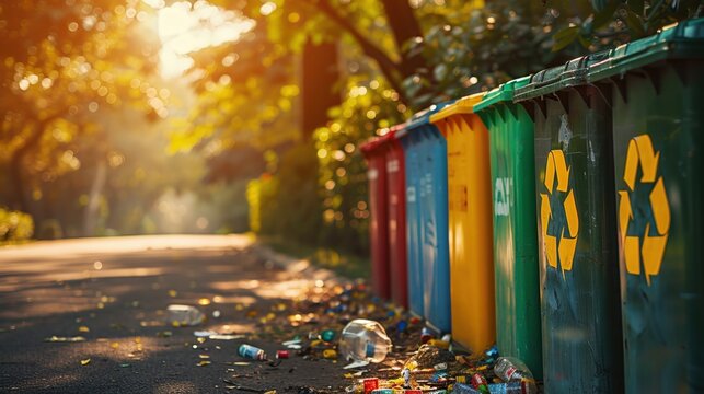 Row of colorful recycling bins in a sunny park with scattered litter on the pavement. Environmental awareness and waste management concept.