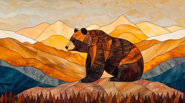 Stained glass bear in a mountain landscape, earthy tones, rustic style, strong and majestic