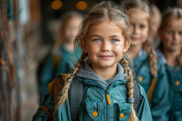 A girl and schoolchildren in blue school uniforms. Generative AI