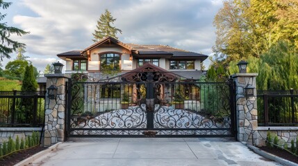 Craftsman style house viewed from the front, with a majestic wrought iron gate providing a secure yet stylish entrance