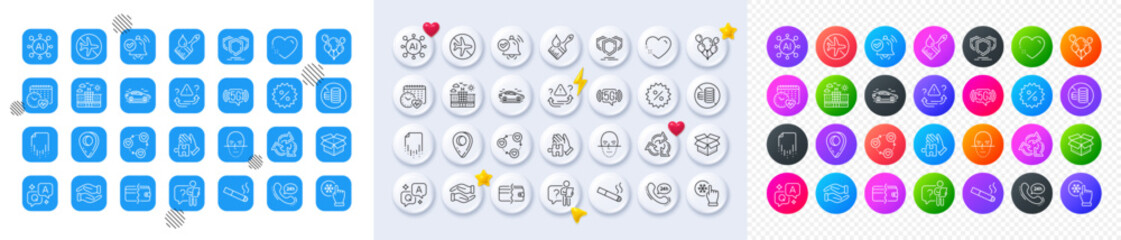 Car, Friends community and Smoking line icons. Square, Gradient, Pin 3d buttons. AI, QA and map pin icons. Pack of Cardio calendar, Balloons, Payment methods icon. Vector