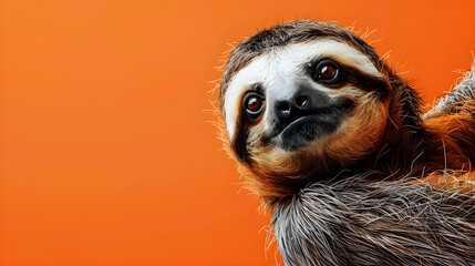 Captivating sloth portrait on vibrant orange backdrop, ideal for conservation campaigns, wildlife education, and children's projects. Evokes curiosity and warmth, with ample copy space.