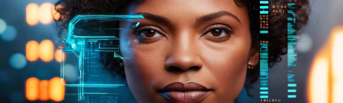 Portrait of african american woman with system codes animation in background. facial recognition concept. Copy space template web site banner