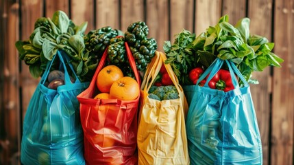 Fresh produce in plastic bags. A photo of colorful grocery bags filled with fresh fruits and vegetables, perfect for articles about healthy eating, shopping, or sustainability.