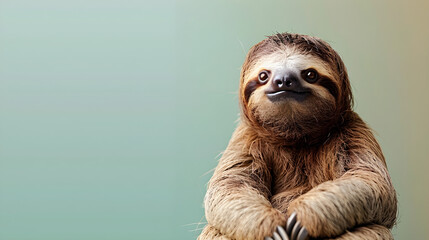 Fototapeta premium Charming sloth portrait against a soft gradient background, perfect for children's education, wildlife conservation, and marketing. Features ample copy space for text addition.