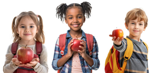Three multiethnic school children holding apples for the teacher posing over white transparent background
