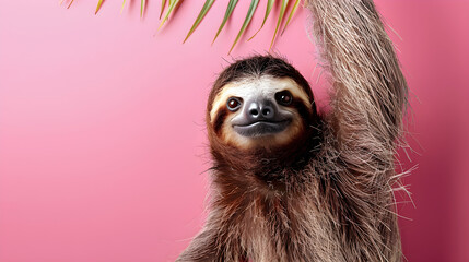 Fototapeta premium Charming sloth celebrating life on a vibrant pink backdrop, perfect for marketing, education, and lifestyle content. Ideal for engaging with audiences craving positivity and fun.