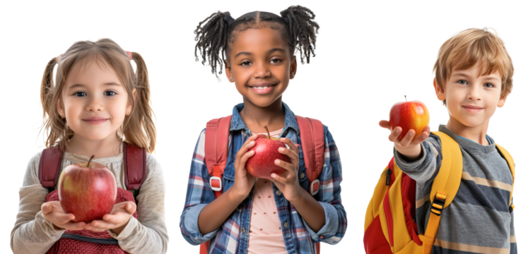 Three multiethnic school children holding apples for the teacher posing over white transparent background - Powered by Adobe