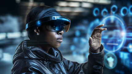 Futuristic woman in VR headset interacting with virtual interface, technology and innovation, digital hologram display, high-tech concept