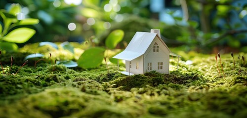 Delicate paper home resting on a carpet of moss within a garden oasis, portraying an ideal of ecological harmony and sustainable design