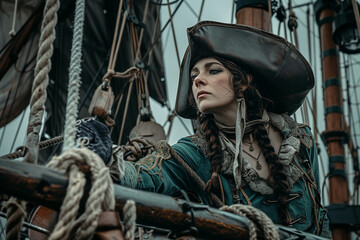 Obraz premium Female Pirate Captain commanding the seas with dangerous elegance