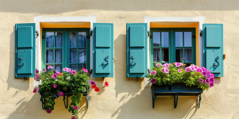 Vintage cute windows with flower boxes, spring flowers, sunny day