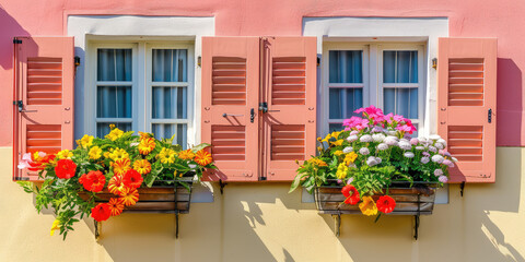 Vintage cute windows with flower boxes, spring flowers, sunny day