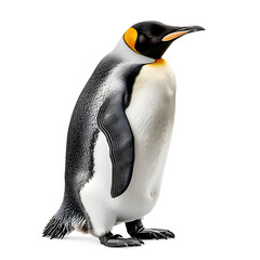 Fototapeta premium Majestic king penguin isolated on a pristine white background, ideal for marketing, education, and wildlife conservation projects, with spacious copy space for text overlay.