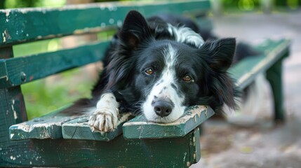 Border collie dog resting on park bench
