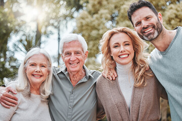 Hug, senior parents and portrait of couple in park for bonding, relationship and relax together. Love, happy and man and woman embrace elderly mom and dad outdoors for weekend, affection and care