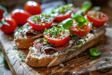 A close-up shot of a delicious bruschetta topped with meat, cheese, tomatoes, and basil. This image is perfect for showcasing your recipes, food blog posts, or restaurant menu.