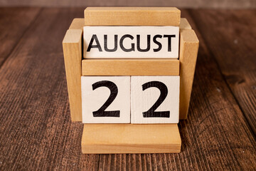 August 22nd. Image of august 22, calendar on yellow background with empty space for text.