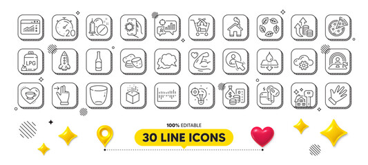 Headset, Beer and Potato line icons pack. 3d design elements. Hand, Glass, Rocket web icon. Home, Gas cylinder, Seo idea pictogram. Web traffic, Buying house, Water resistant. Column diagram. Vector