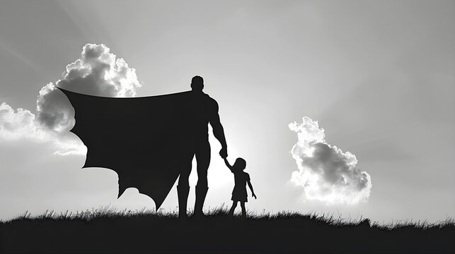 Powerful silhouette of a superhero father with child, evoking emotion and connection. Ideal for Father's Day imagery, family marketing, and themed campaigns. Includes copy space.
