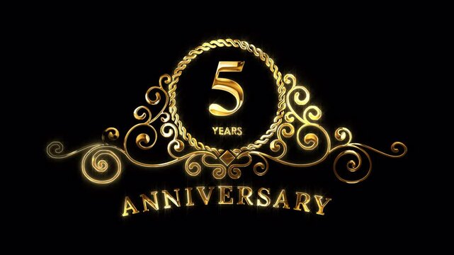 5th Anniversary Celebration. Happy 5 Years Anniversary Animation in Gold Color on the Transparent Background, Alpha Channel. Great for greetings, celebrations, events, and gifts.