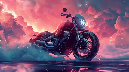 cartoon illustration motorcycle with pink smoke background